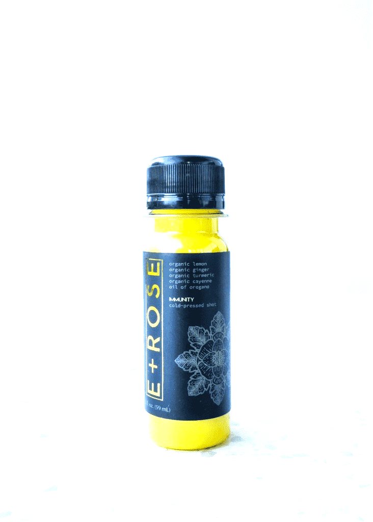 E+ROSE wellness shots — Immunity, Superhuman, and Cinna-Bomb cold-pressed shots