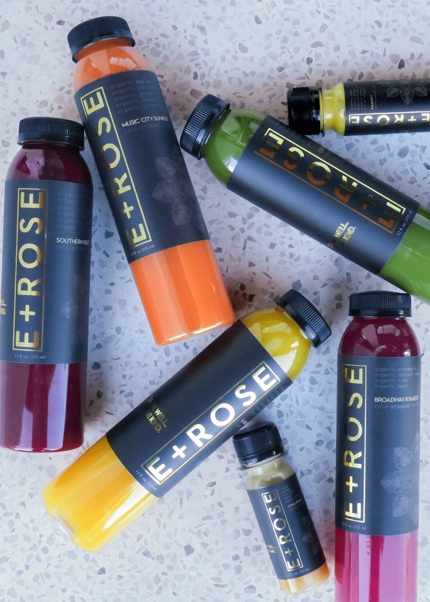 E+ROSE cold-pressed juice lineup featuring Music City Sunrise, Cold Snap, Southern Beet, Broadway Rxmedy, and 6-Shooter